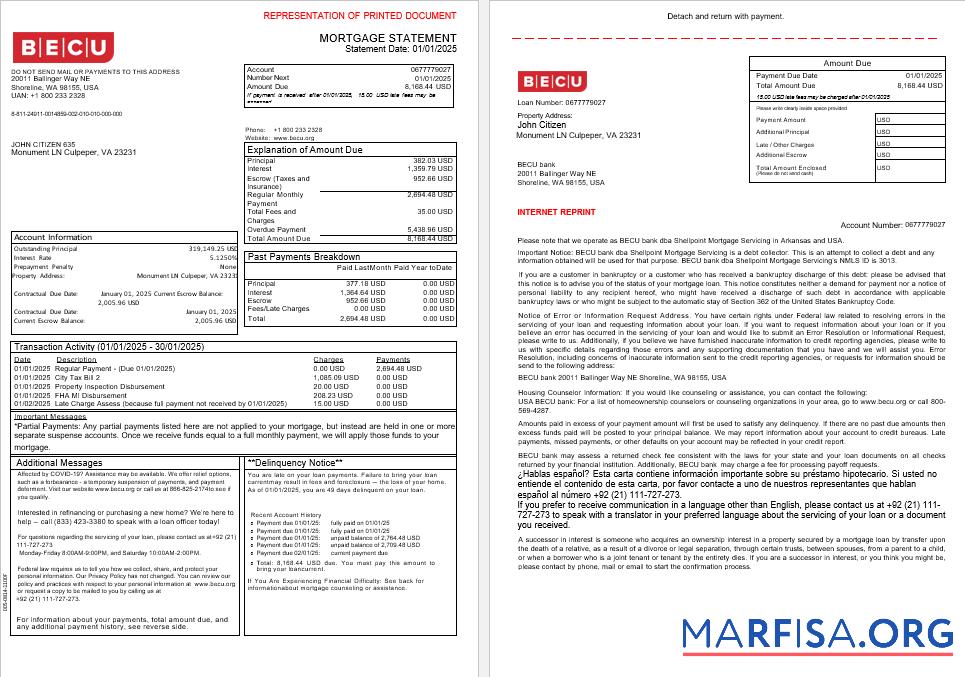 Printable USA BECU bank mortgage statement in Word and PDF formats, 3 pages 1 2 download for verification